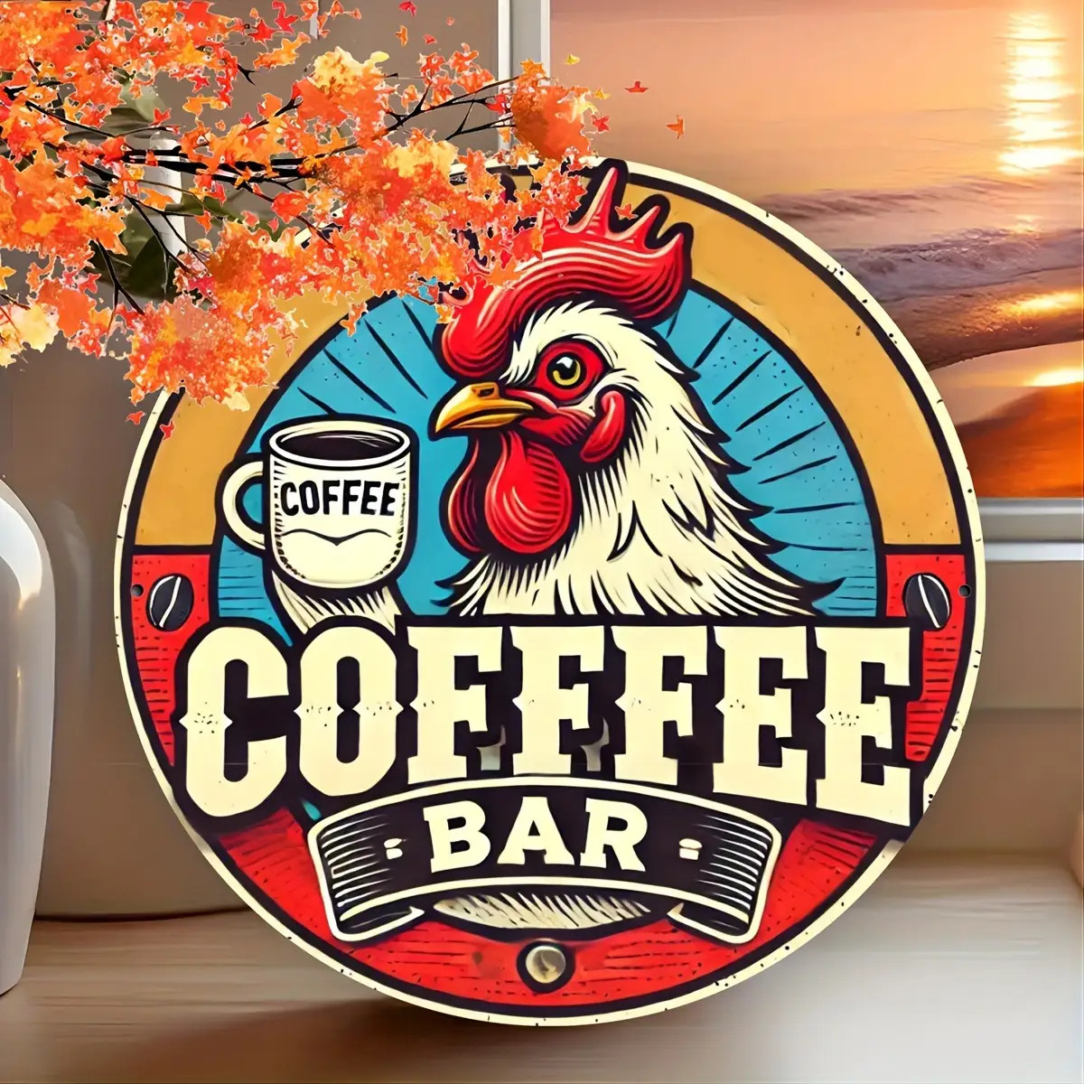 Home Bar And Coffee - ป้ายอะลูมิเนียมวินเทจ 2 มิติ | ไก่ย้อนยุคดื่มกาแฟ งานศิลปะสีสันสดใสในโทนสีแดง