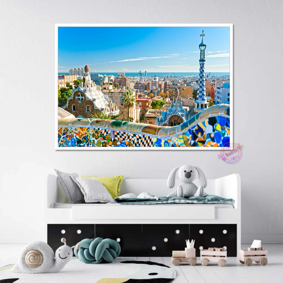 Home Barcelona - Park Guell ในบาร์เซโลนาสเปนโปสเตอร์ท่องเที่ยวภาพวาดผ้าใบ Art พิมพ์ภาพผนังห้องเด็กห้องนอนเด็กตกแต่งบ้าน